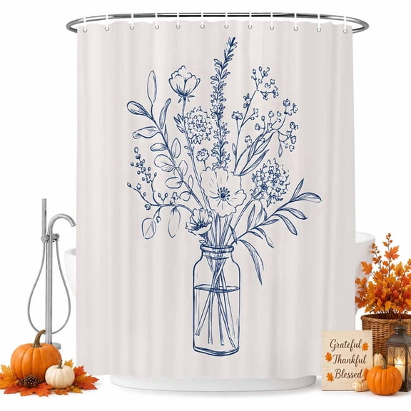 Blue Floral Shower Curtain, Waterproof Shower Curtains for Bathroom, Country Wildflowers Bottle Plants Retro Lines Washable Fabric Bathtub Curtain Set Bath Decor with 12 Hooks 72"x78"