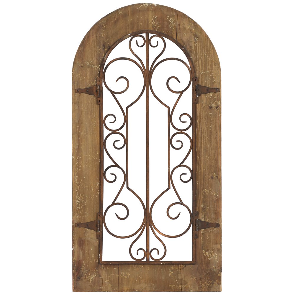 DecMode Large Rustic Style Iron & Wood Wall Decor, Antique Metal Gate Wall Decor in Arched Wood
