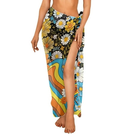 FKELYI Groovy Hippie Daisy Flower Print Sarong Wrap for Women Beach Cover Up Pareo Long Swimwear Cover-Up for Bathing Suit Breathable Bikini Coverup for Lady Summer Vacation