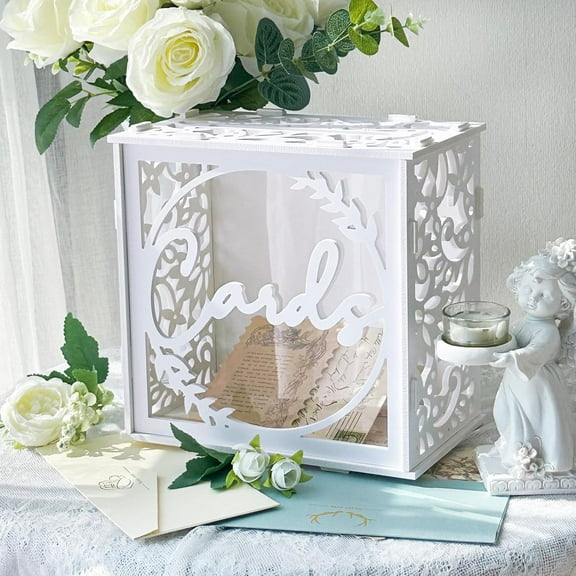 White Wedding Card Box for Receptions, PVC Gift Card Box for Wedding with Acrylic Windows, Rustic Envelope Money Gift Box for Anniversary Bridal Baby Showers Graduation Birthday Party