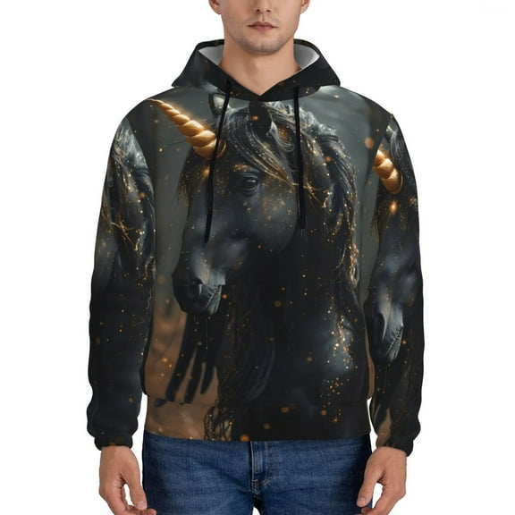 Naloa Black And Gold White Horse Men's Casual Hooded Collar Drawstring Hoodies Pullover Sweatshirts Casual Long Sleeve Shirts-Small
