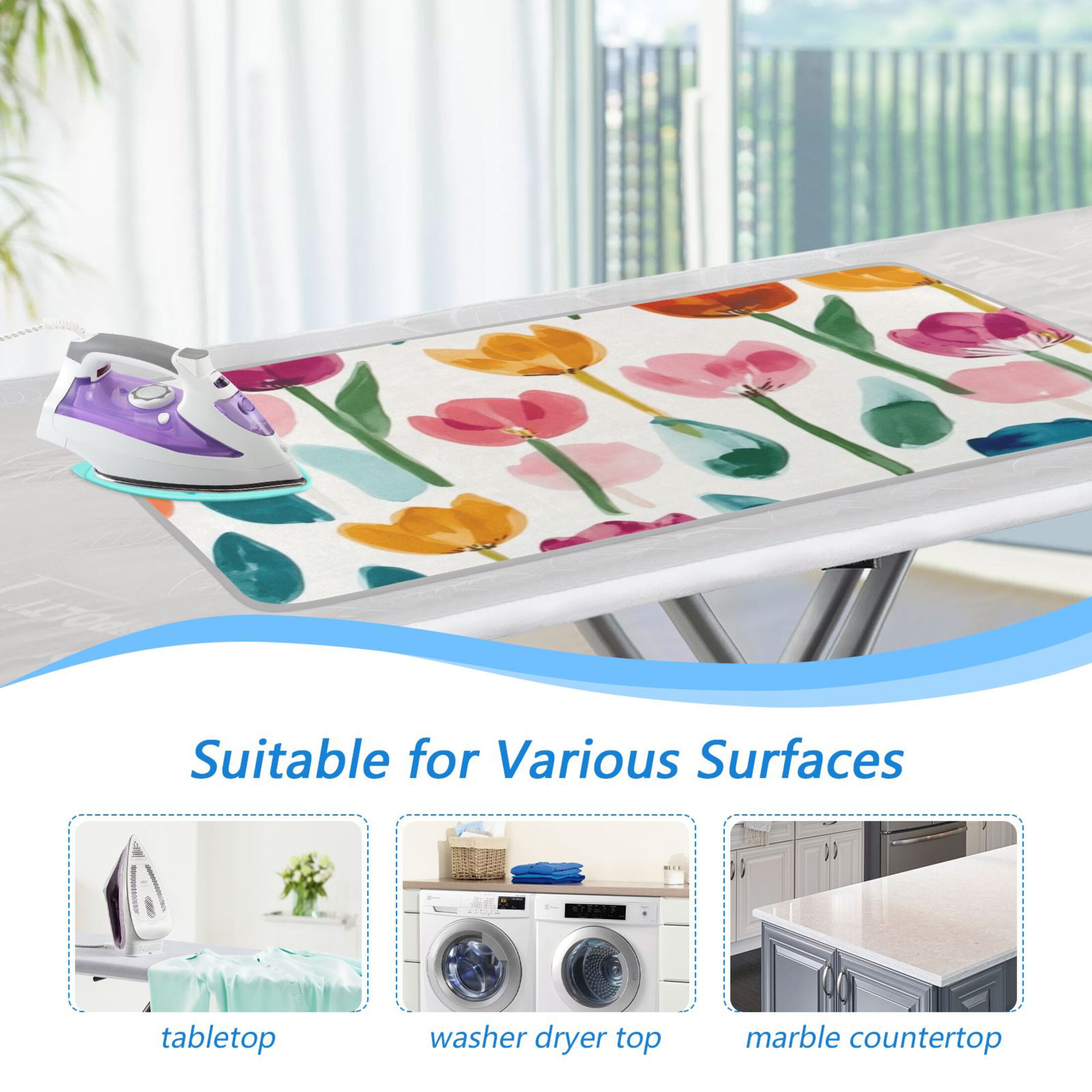 Ironing Mat Portable Ironing Blanket for Table Top Travel Ironing Pad for Washer Dryer 27.6" x 47.2" Cute Watercolor Tulips