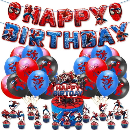 Spiderman Theme Birthday Party Decoration Set,Cartoon Birthday Party Supplies Include Happy Birthday Banner,Balloon,Cupcake Cake Decoration,Suitable for Children and Adults Party Decoration