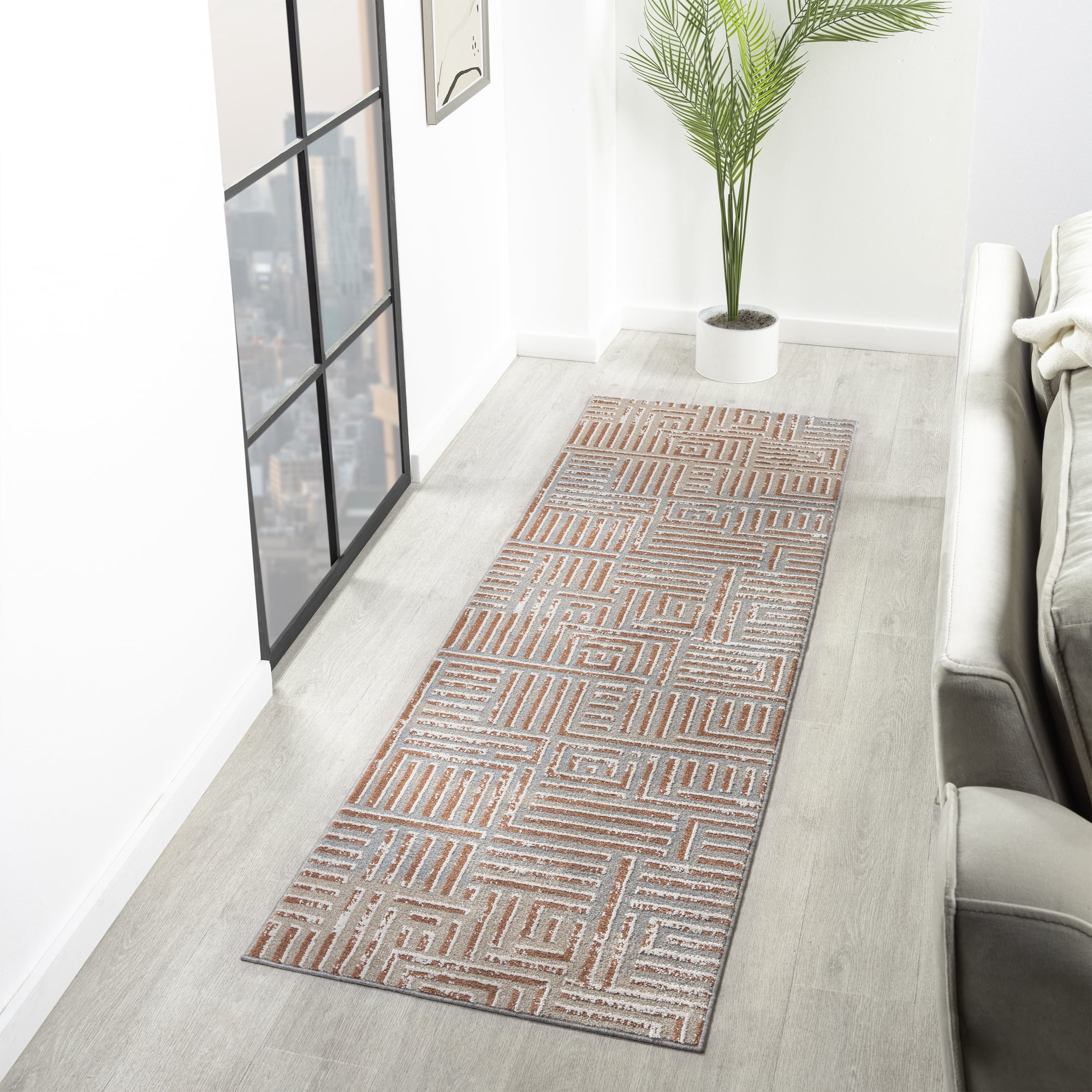 Ox Bay Wesley 2'2" x 7', Gray/Rust Geometric Washable Indoor Runner Rug by Evette Rios