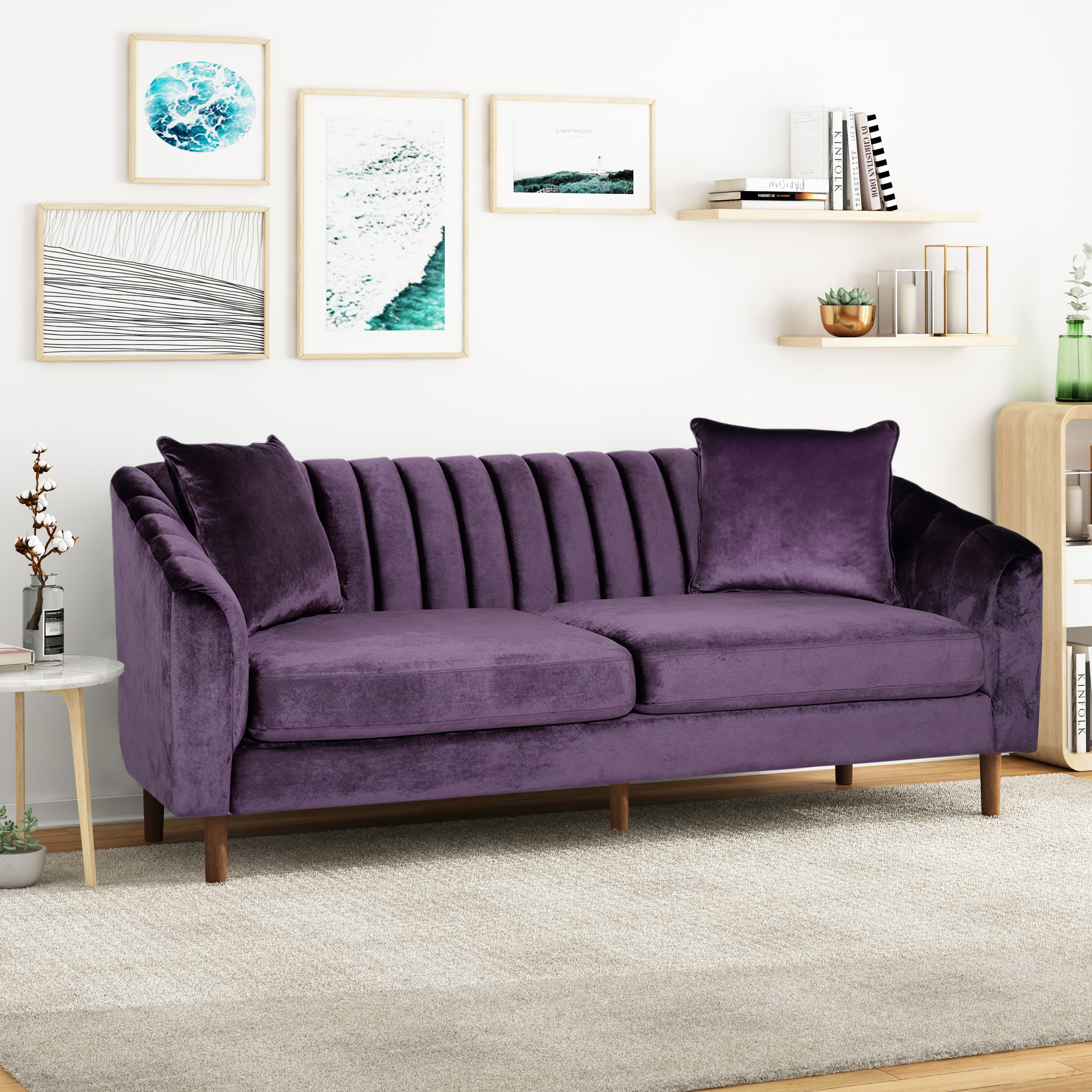 Noble House Currie Tufted Velvet Sofa, Blackberry, Dark Walnut