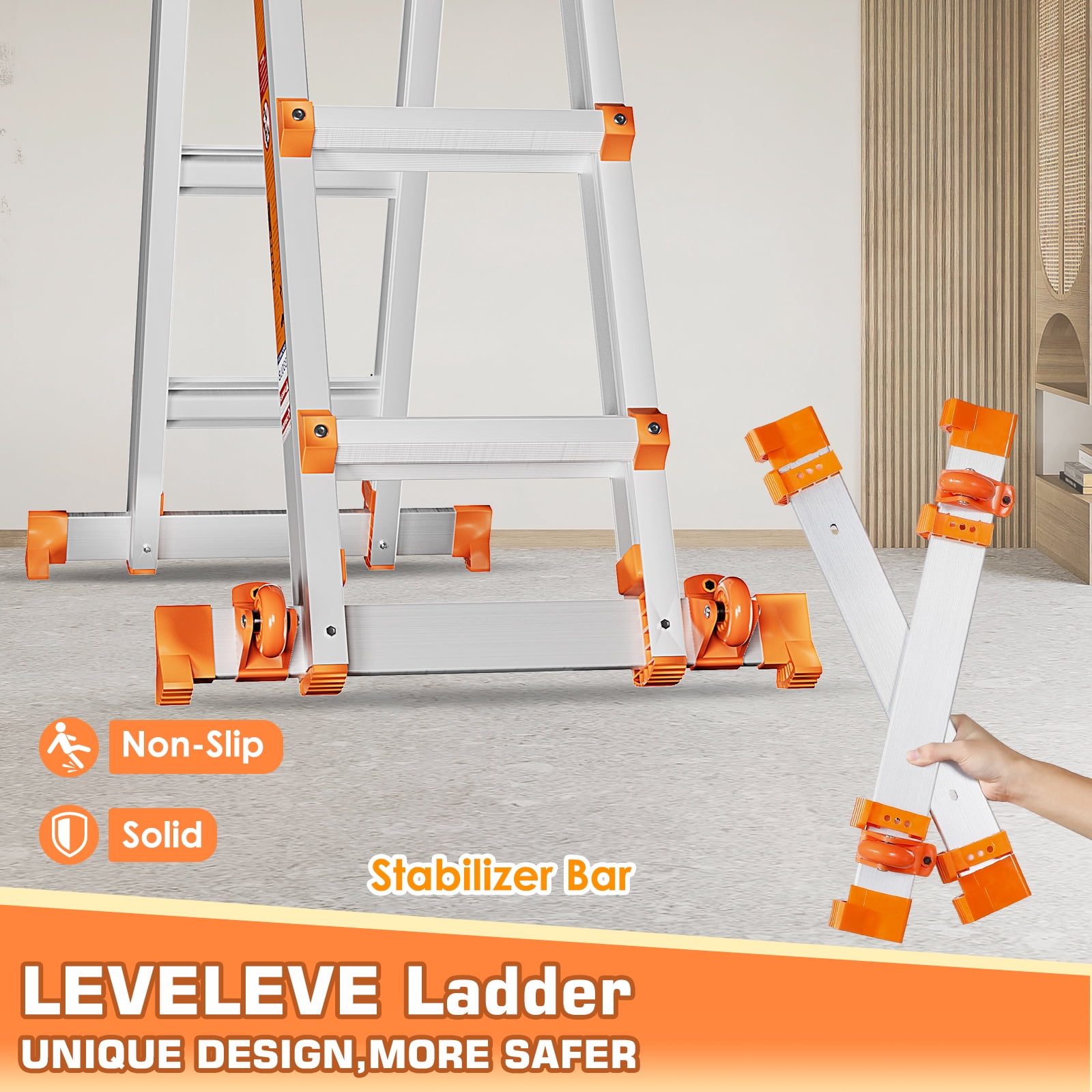 LEVELEVE 17FT Multi Position Ladder,A Frame 5 Step Ladder with Stabilizer Bar & Wheels,332 lbs Security Load Extension Ladder for Stairs Home Indoor Outdoor Roof