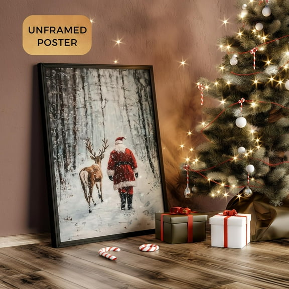 Moody Vintage Kristmas Santa Claus Wall Art, Winter Prints, Whimsical Reindeer In Snowy Forest, Effect, Rustic Warm Present Vintage UNFRAMED Poster Size 8x12