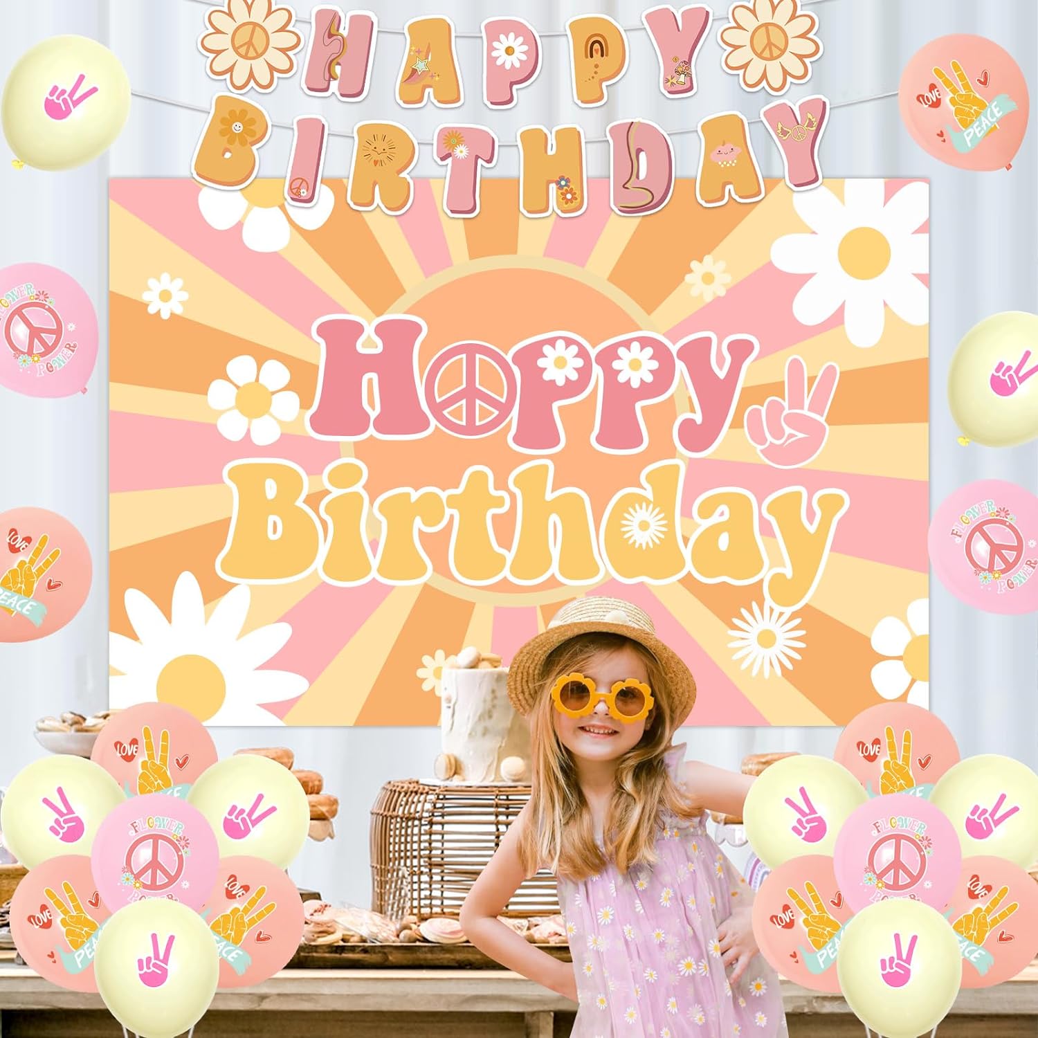 Groovy Birthday Decorations for Girls, Hippy Boho Happy Birthday Backdrop Banner Daisy Birthday Garland Flower Power Balloons for Retro Hippie 1960s 1970s One Two Groovy Party Supplies