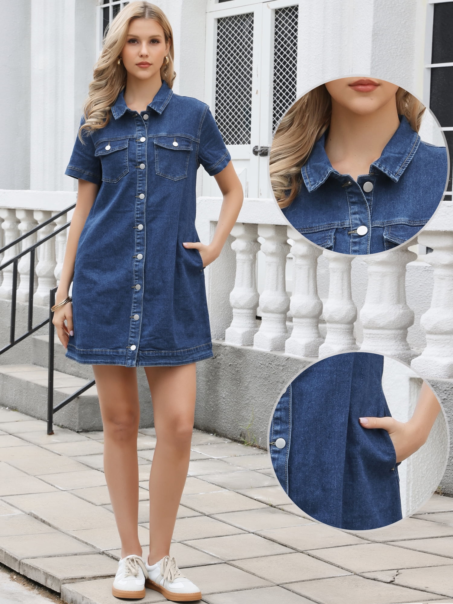 DARING DIVA Women's Denim Short Sleeve Button Down Dresses S Dark Blue