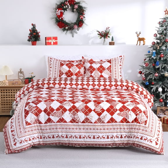 Christmas Duvet Cover Queen King Size Holiday Printed Bedding Set, Soft Breathable Microfiber Comforter Cover with Button Closure and Corner Ties