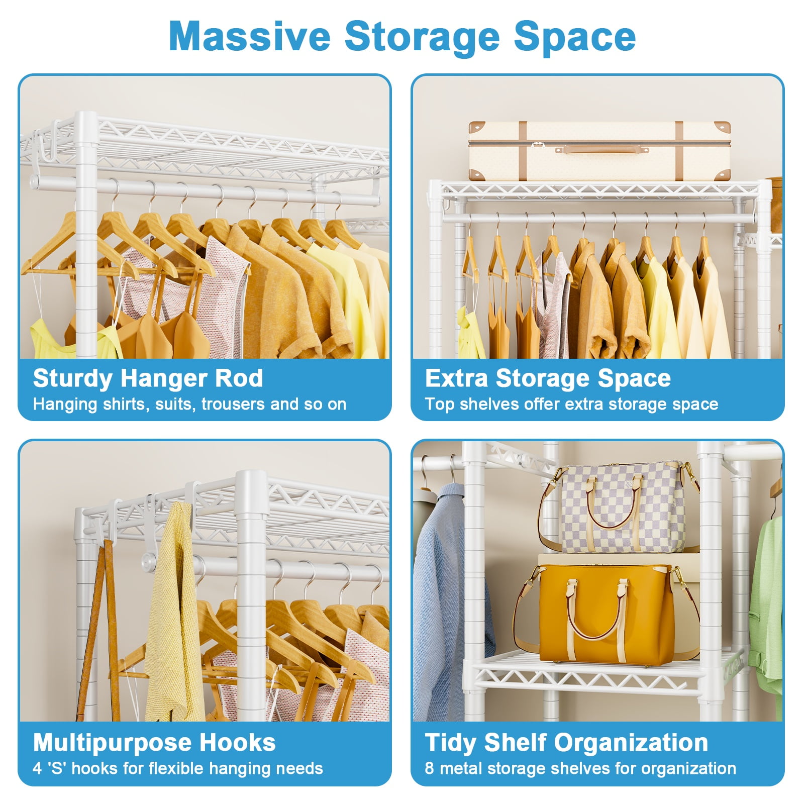"Ulif E4 White Wire Garment Rack, Closet Organizer with 8 Shelves & 4 Hanger Rods, Heavy Duty, 71.6"" W x 79.3"" H"