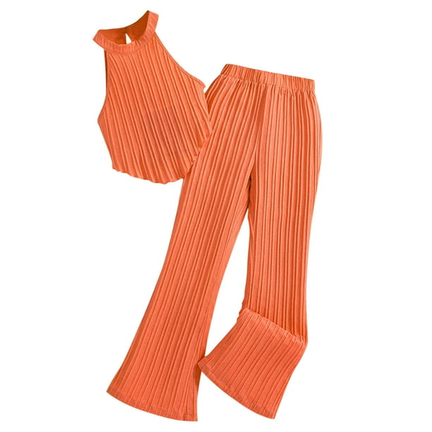 Odeerbi 8-12 Años Niñas Conjuntos de Verano Algodón Tops Halter Pantalones Pata Ancha Conjunto de Dos Piezas Cuello Sin Mangas Top Pantalones Conjunto