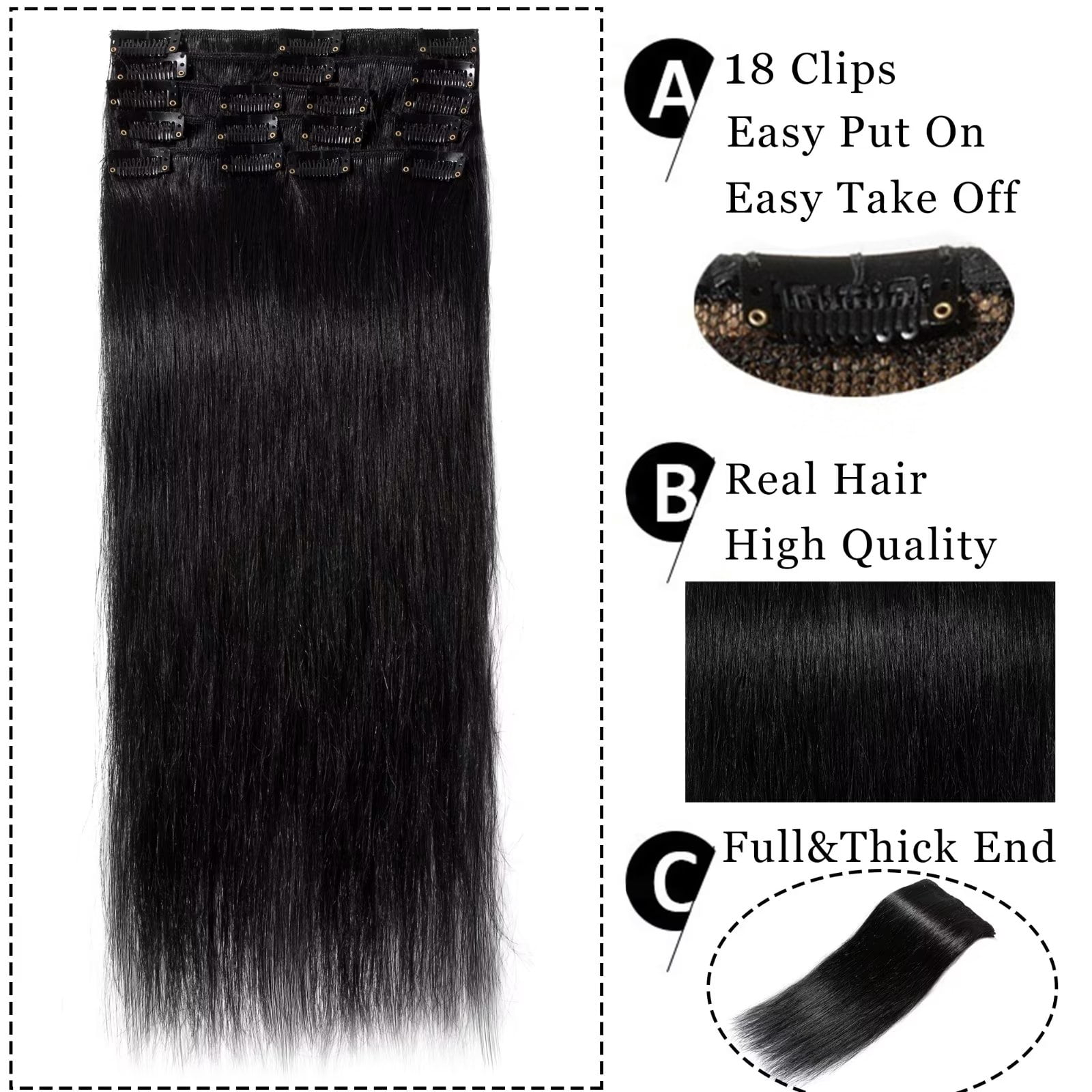 MY-LADY 8Pcs 18Clips Clip in Hair Extensions Human Hair for Women Double Weft Brazilian Remy Straight Human Hair Clip in Hairpiece 12inch #01 Jet Black