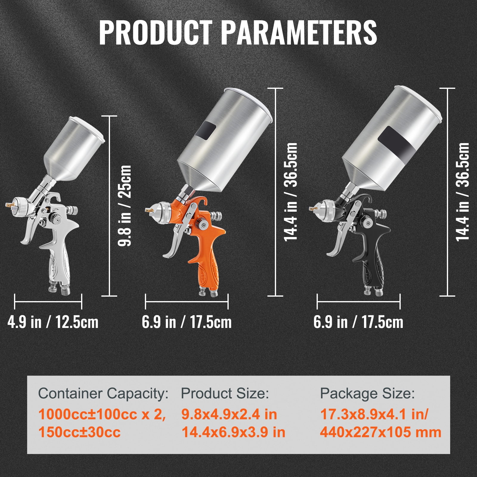 SKYSHALO HVLP Spray Gun, High Performance Professional Gravity Feed Spray Gun 2 Full Size, 1 Detail with 1.0mm 1.4mm 1.8mm Nozzles, 1000cc Aluminum Cup for Auto Paint, Primer, Clear/Top Coat