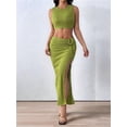 thumbnail image 4 of Women'S 2 Pieces Outfit Textured Halter Crop Top and Twist Front Split Thigh Maxi Skirt Set Green S, 4 of 10