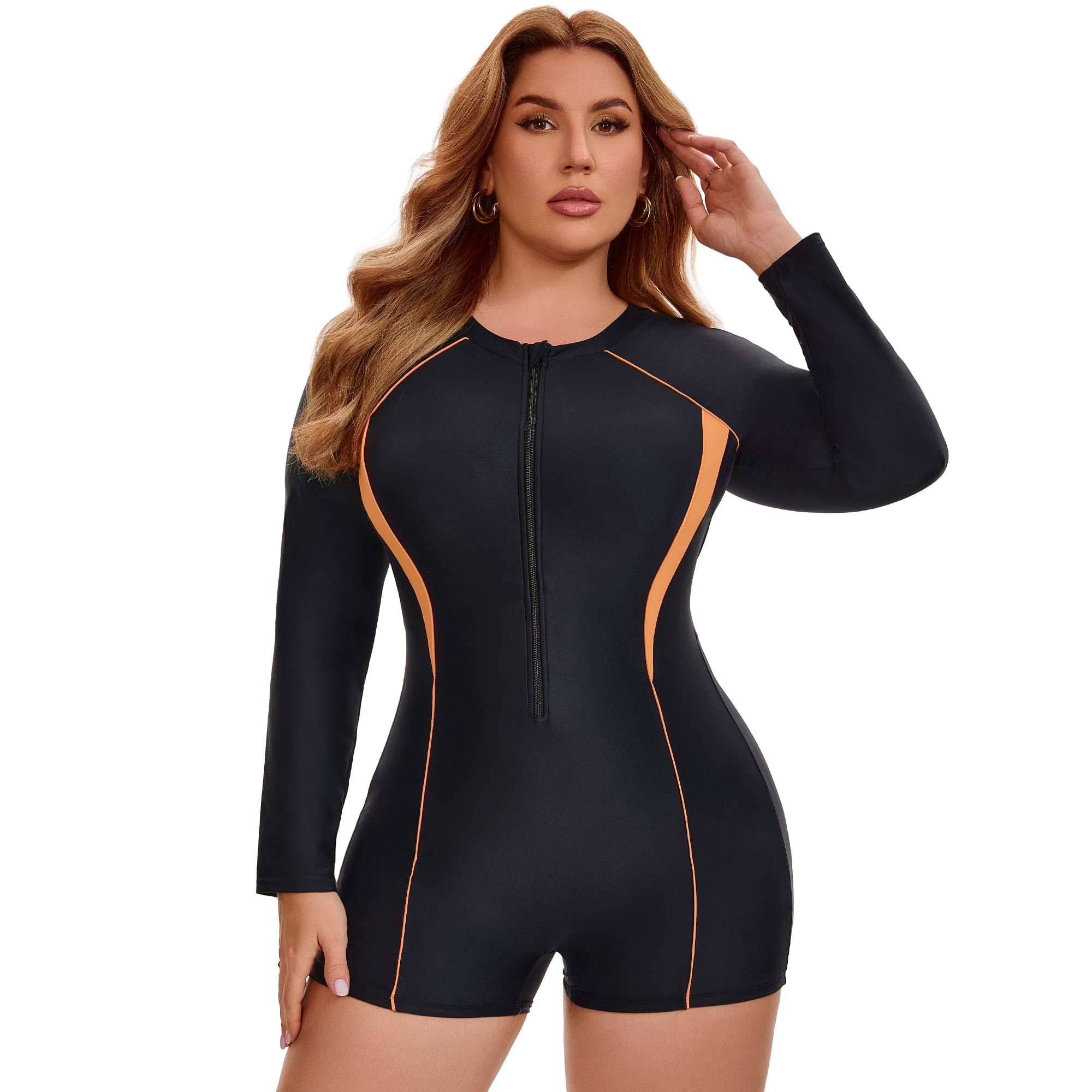 DARING DIVA Women's Plus Long Sleeve Surfing Bathing 1 Suit 1X Black Orange