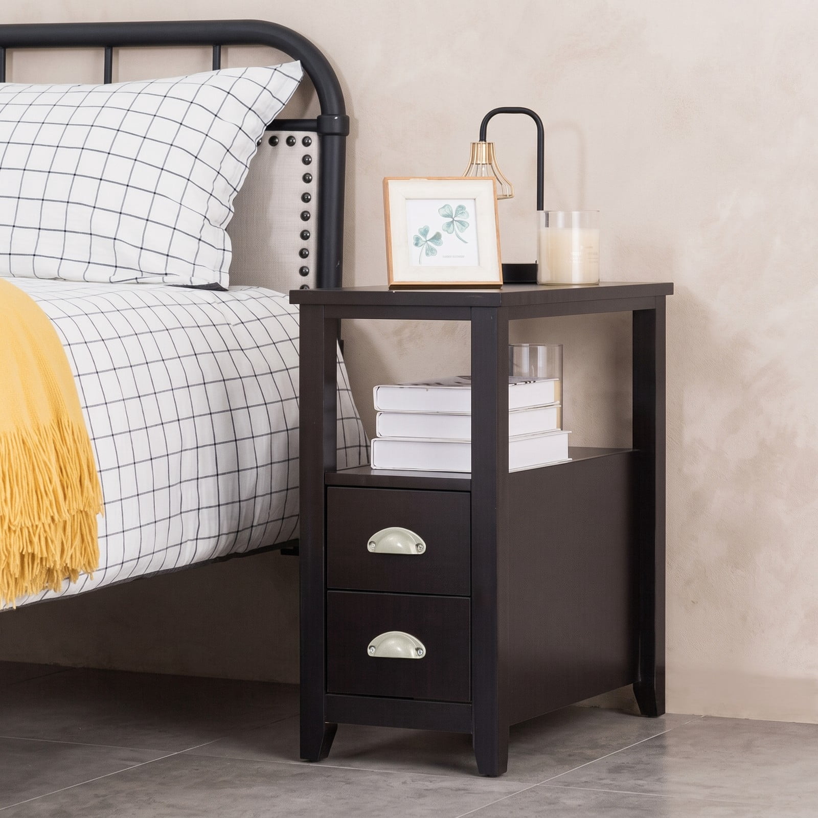 Furnibear Set of 2 Narrow Nightstands with 2 Drawers and Open Shelf Wooden Bedside End Tables for the Bedroom, Dark Brown