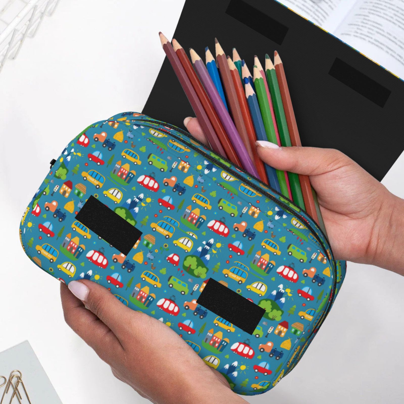 Rateoe Cars Transportation Pattern Double Clamshell Pen Case, Storage Organizer with Two Zipper Compartments– Holds Up to 50 Pencils & Pens
