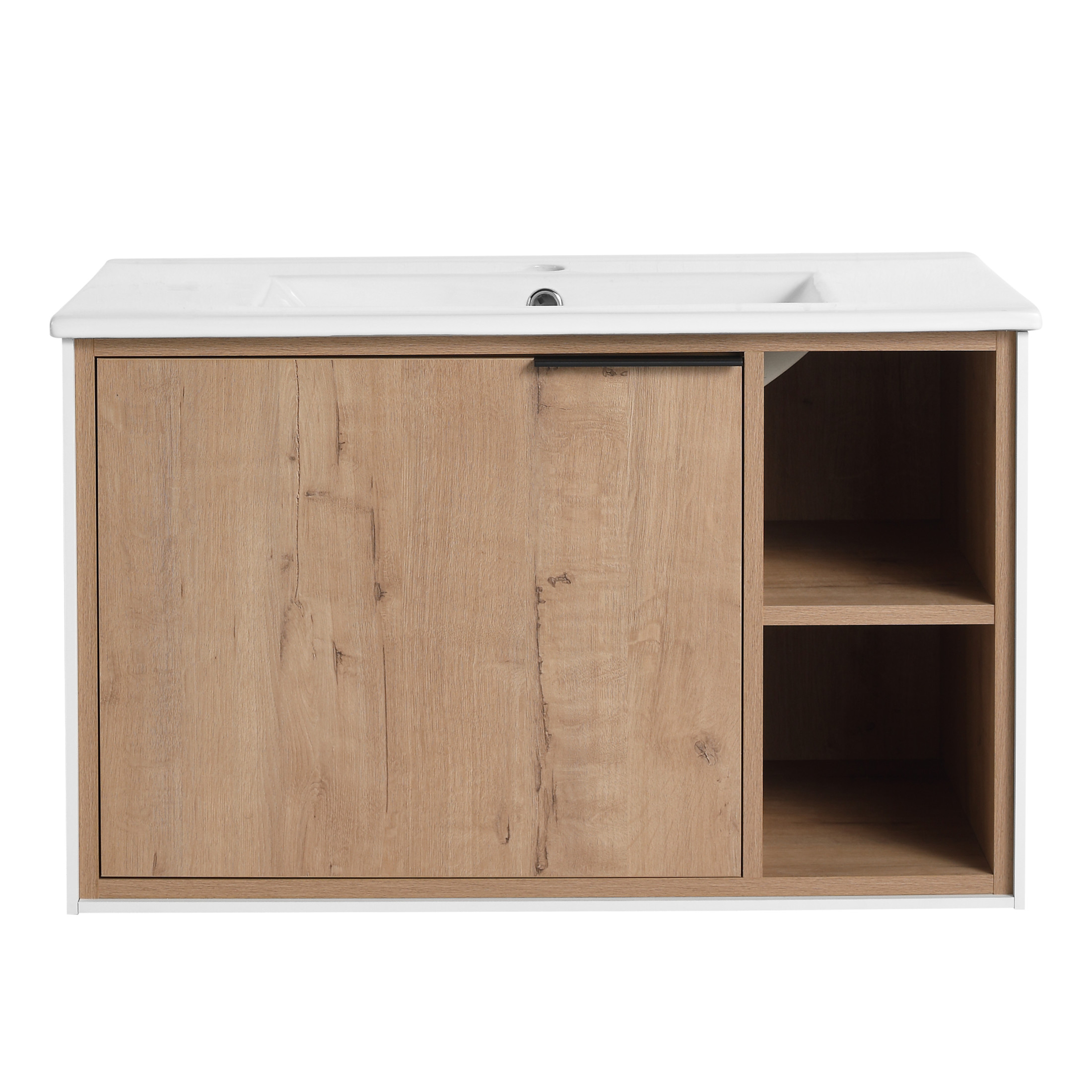 Noble House 30" Floating Wall-Mounted Bathroom Vanity, Ceramic Sink, Soft-Close Door, Open Racks, Imitative Oak