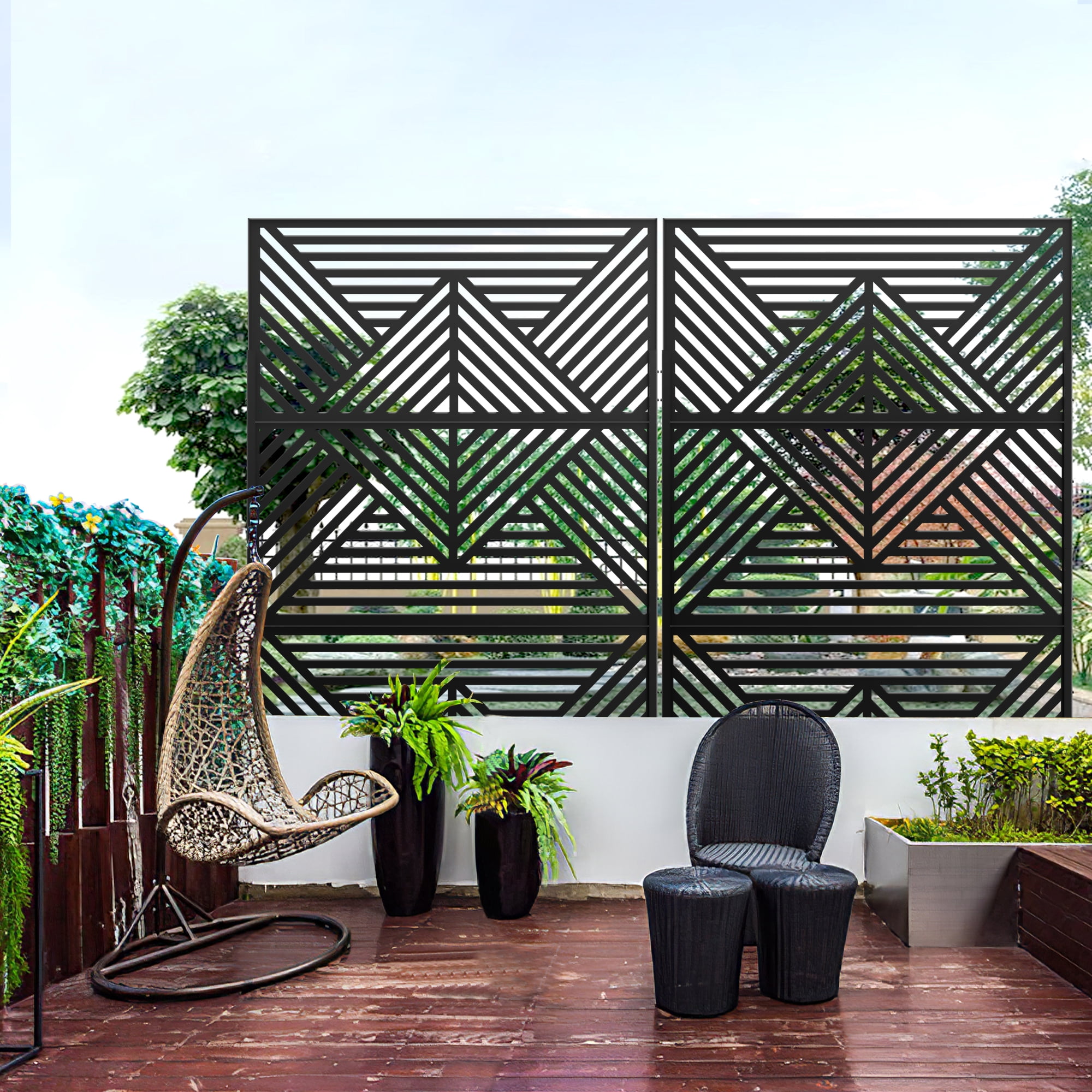 MAYEERTY 72*47" Outdoor Black Metal Privacy Panel Screen for Patio, Mountain Pattern