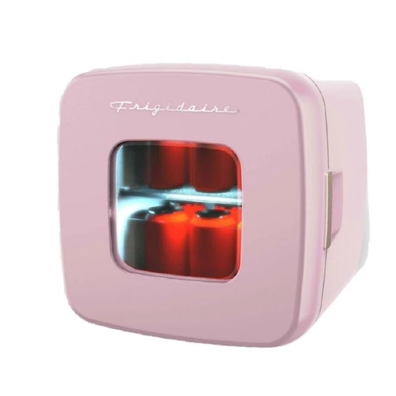 Restored Frigidaire 12 Can Retro Mini Cooler, 9L Portable Beverage Refrigerator with AC/DC Adapters, Skincare Fridge in Pink (Refurbished)
