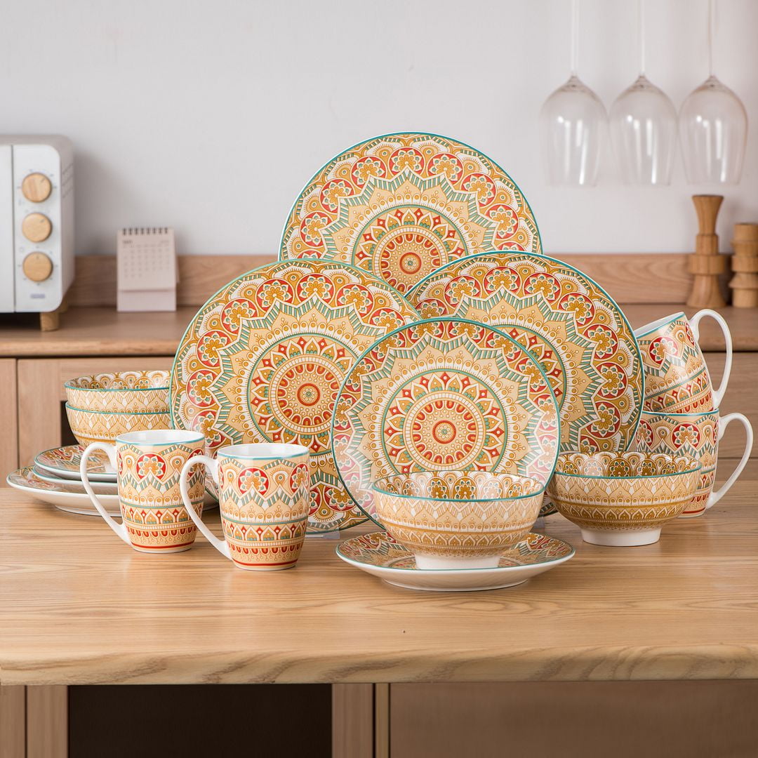 vancasso, Series Mandala, 16Piece Porcelain Dinnerware Set, Yellow
