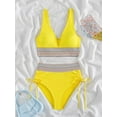 thumbnail image 3 of Women Tummy Control Swimsuits Color Block Two Piece Drawstring Bathing Suit Yellow M, 3 of 7