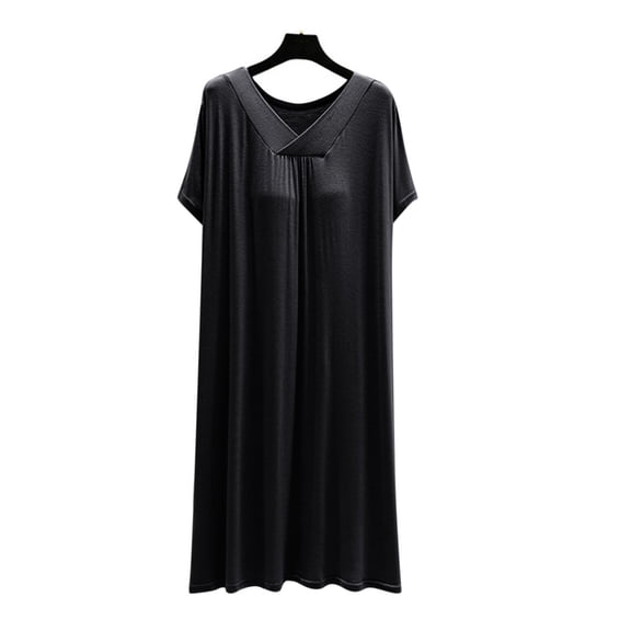 HomeGardon Nightgowns for Women,Summer Dresses Women Solid Color V-Neck with Chest Cushion Short Sleeved Pleated Front Dress Nightgown,L-XL