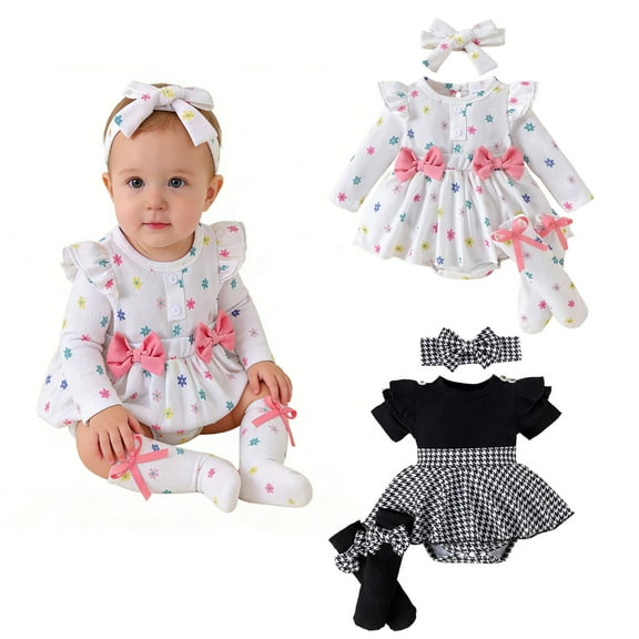 Bellafa Newborn Baby Girl Clothes Ruffle Floral Long Sleeve Romper Dress Hairband Socks 3Pcs Fall Winter Spring Outfits