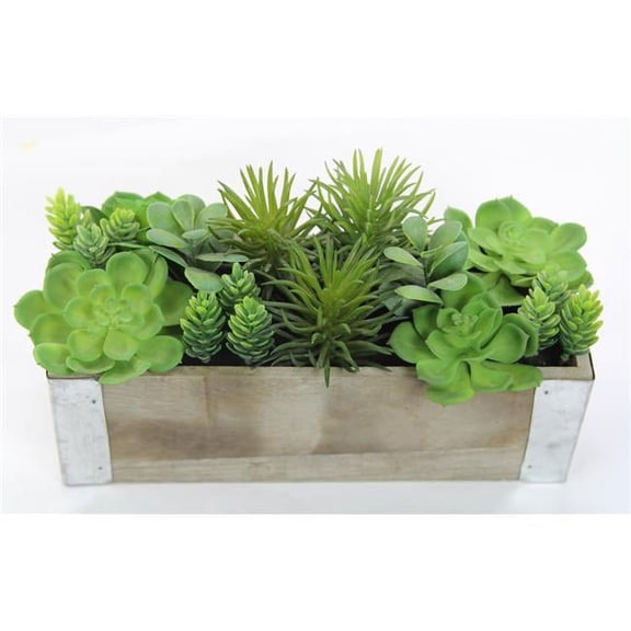 Admired by Nature GG7693-NATURAL Artificial Desktop Potted Mixed Succulents Plants with Rectangular Wood Planter, Green