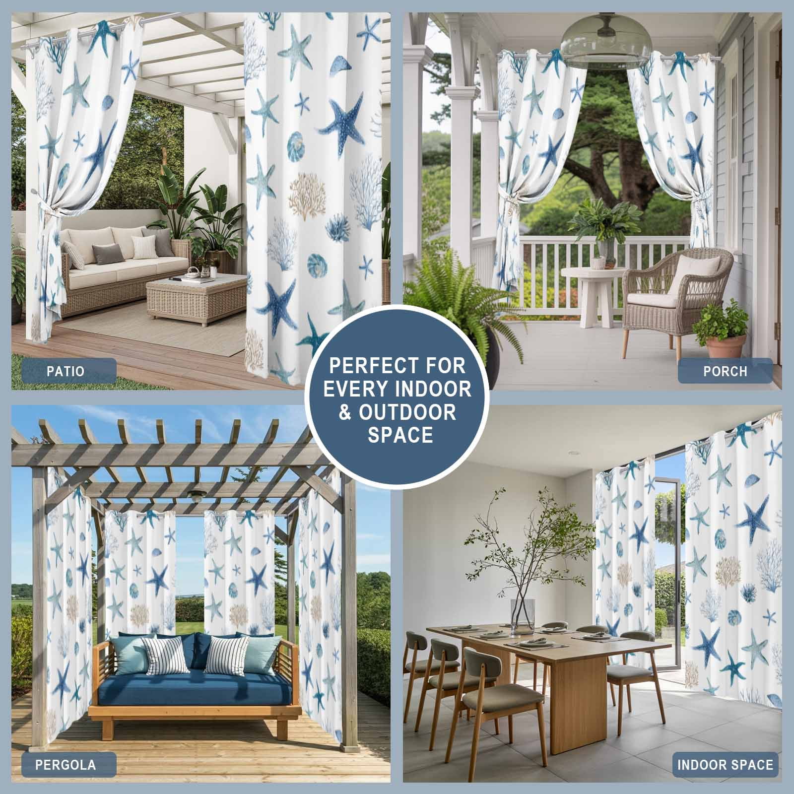Oceans Animal Outdoor Curtains for Patio, Summer Blue Starfish Seanut Coral Seagrass Sunshade Privacy Drapes Grommet Waterproof Outside Curtains for Porch/Cabana/Balcony 54"x 108", 1 Panel