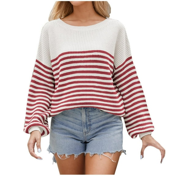 BLVB Women's Fall Striped Sweaters Casual Loose Round Neck Long Sleeve Knitted Pullover Jumper Tops