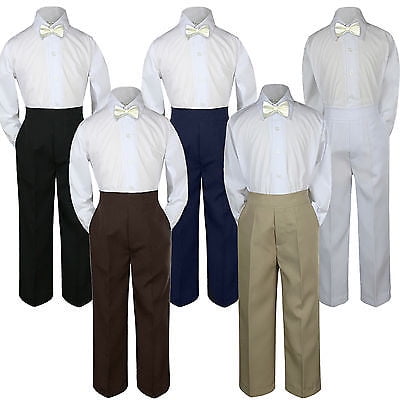 

3pc Boy Suit Set Ivory Off White Bow Tie Baby Toddler Kid Formal Shirt Pants S-7
