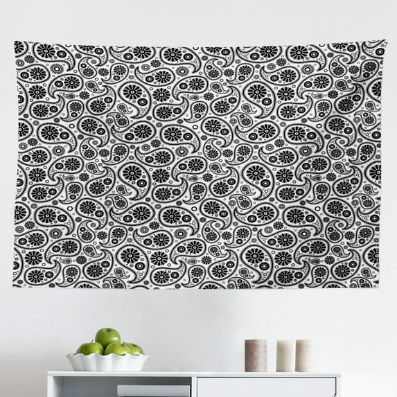 Paisley Tapestry, Design in Different Types with Flowers Circles and Tiny Teadrops Detailed Art, Fabric Wall Hanging Decor for Bedroom Living Room Dorm, 2 Sizes, Grey and Black, by Ambesonne