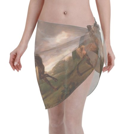 Coaee Three Horses Oil Painting Women s Short Sarongs Beach Wrap Sheer Bikini Wraps Chiffon Cover Ups for Beach  Swimming  Holiday