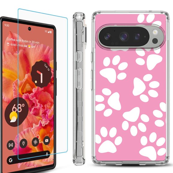 For Google Pixel 9 / 9 Pro Phone Case Cover, Shockproof Bumper Case with Tempered Glass Screen Protector, by OneToughShield - Pet Paw/ Pink