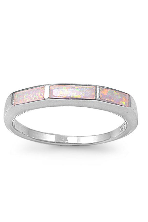 Tri Rectangular Center Pink White Simulated Opal Ring Sterling Silver Size 9