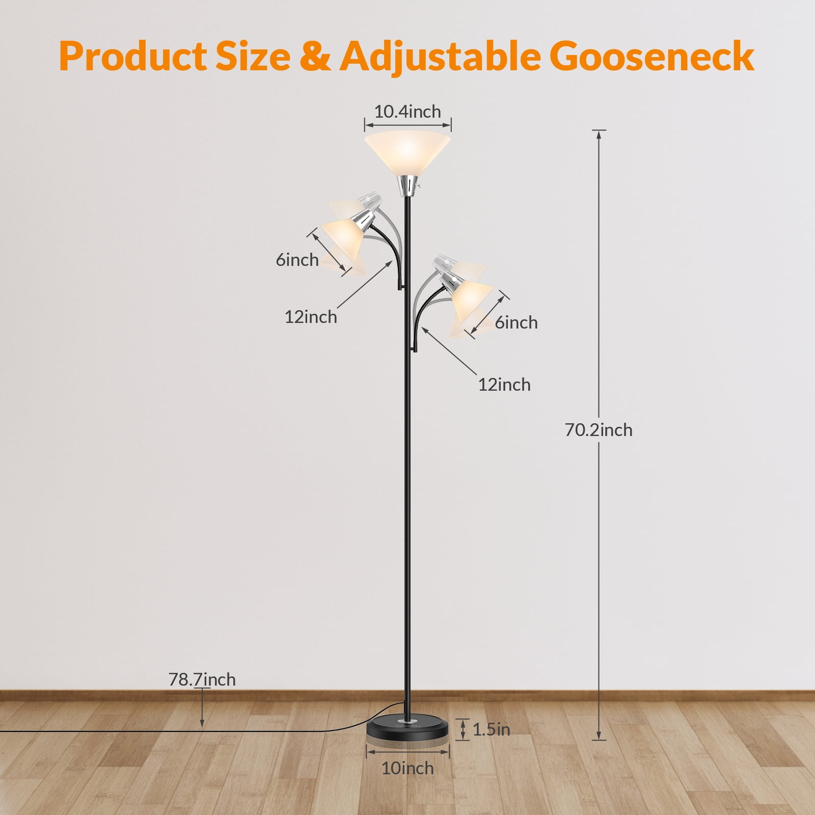 LEPOWER 3-Head LED Floor Lamp with Adjustable Reading Lights, 3000K Warm White, Modern Standing Lamp for Living Room, Bedroom, Office, Black