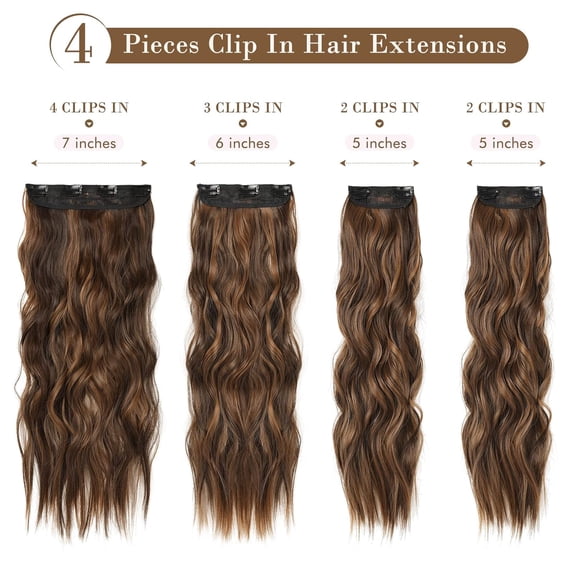 WEIF-Hair Extensions, 4PCS Clip in Hair Extensions HE001 Natural Soft Synthetic Hairpieces for Women, Chocolate Brown with Golden Highlights