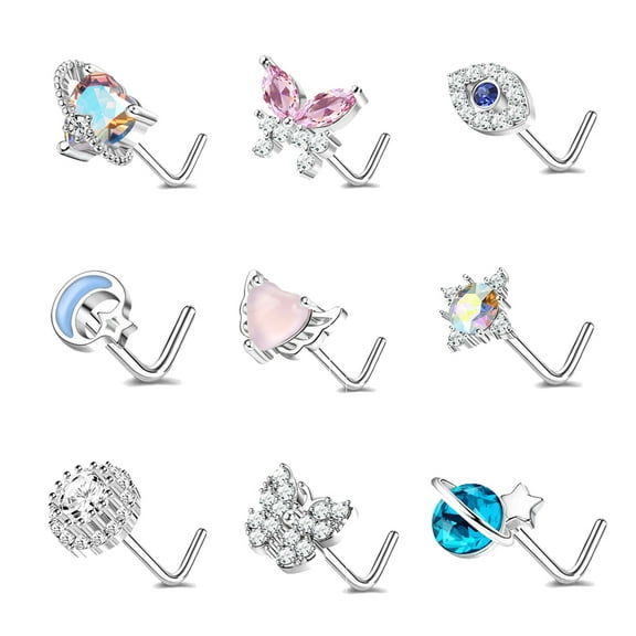 ZS 9Pcs/Set 20g AB White Crystal Nose Ring Pier
