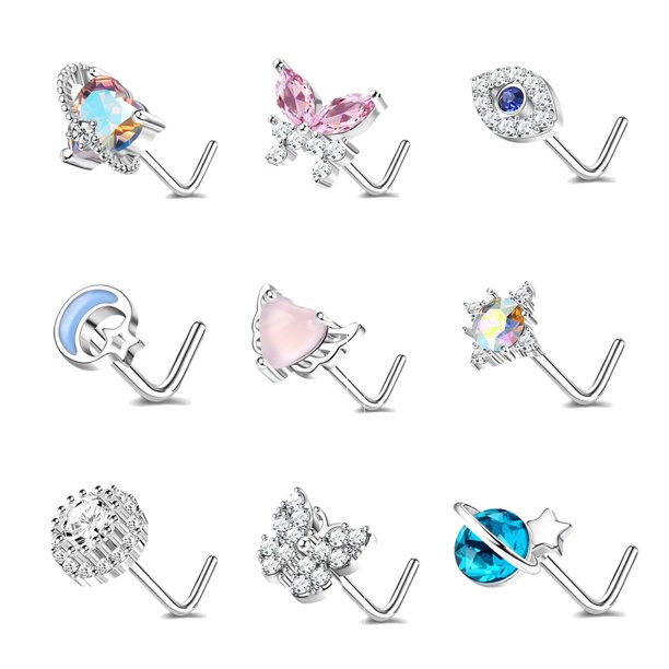 ZS 9Pcs/Set 20g AB White Crystal Nose Ring Piercing Mix Flower Heart