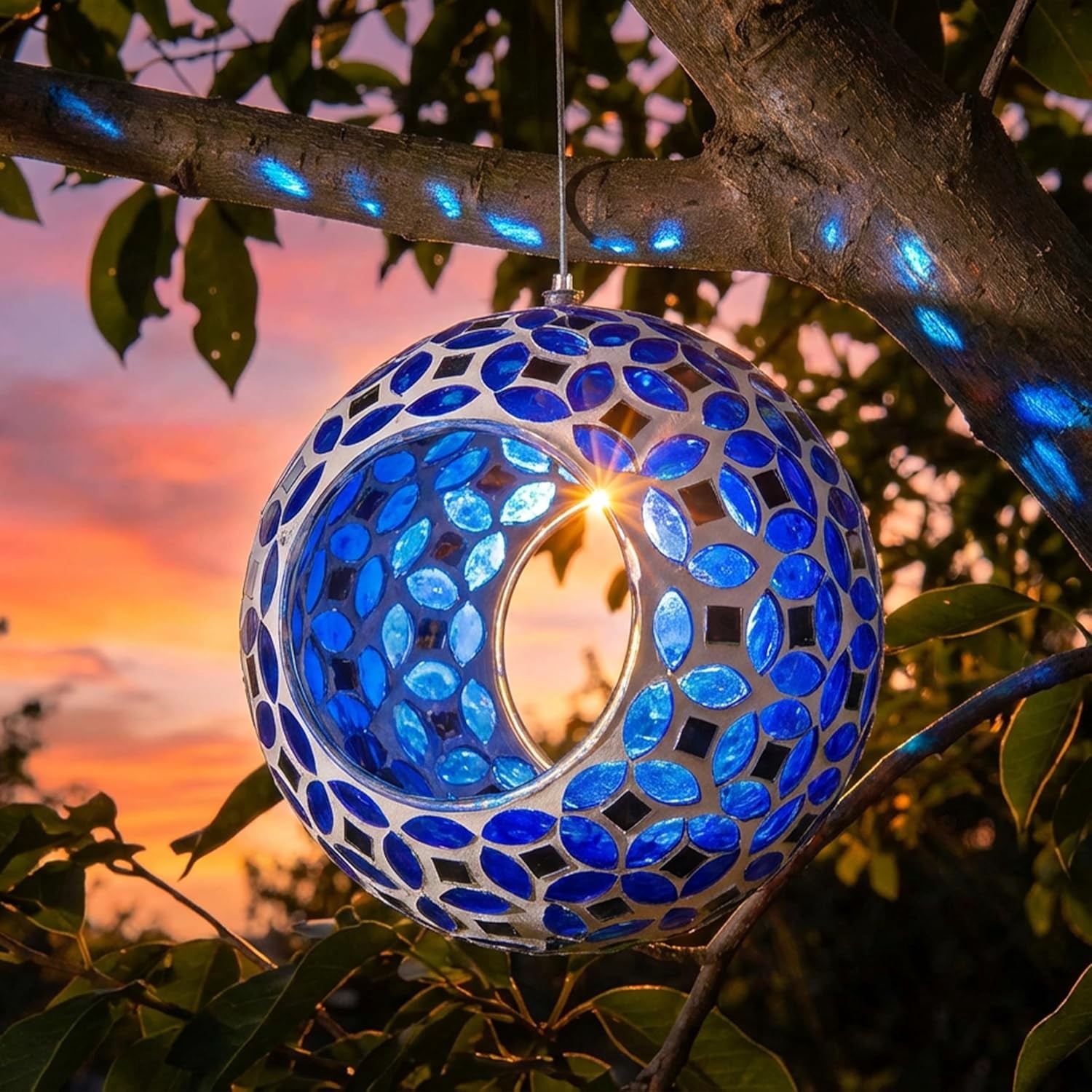 6-Inch Glass Mosaic Hanging Bird Feeder for Outdoors - Fly-Through Wild Bird Feeder - Lavender Mosaic