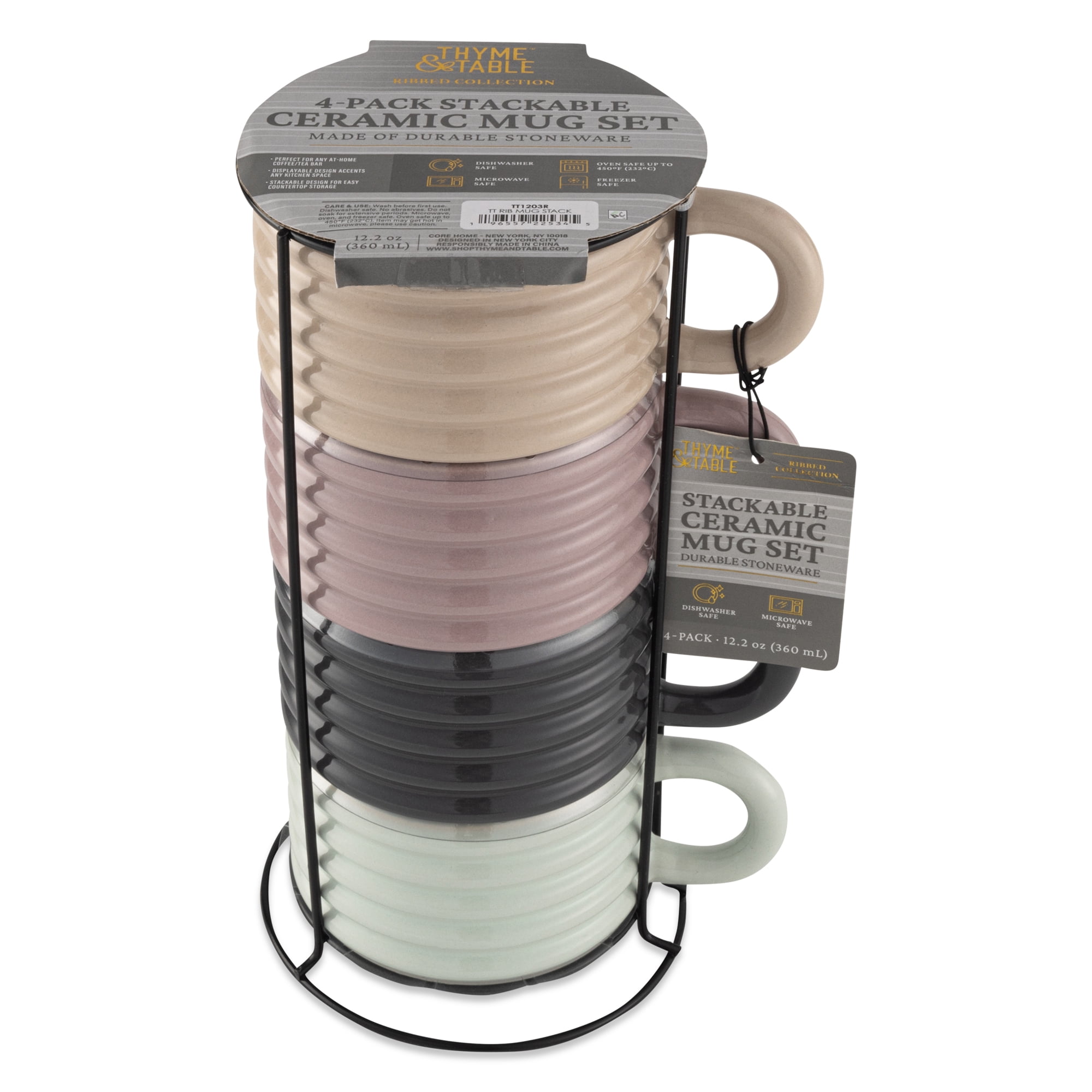 Thyme & Table 4-piece Ceramic Ribbed Stackable Mug Set with Rack, 12 fl oz