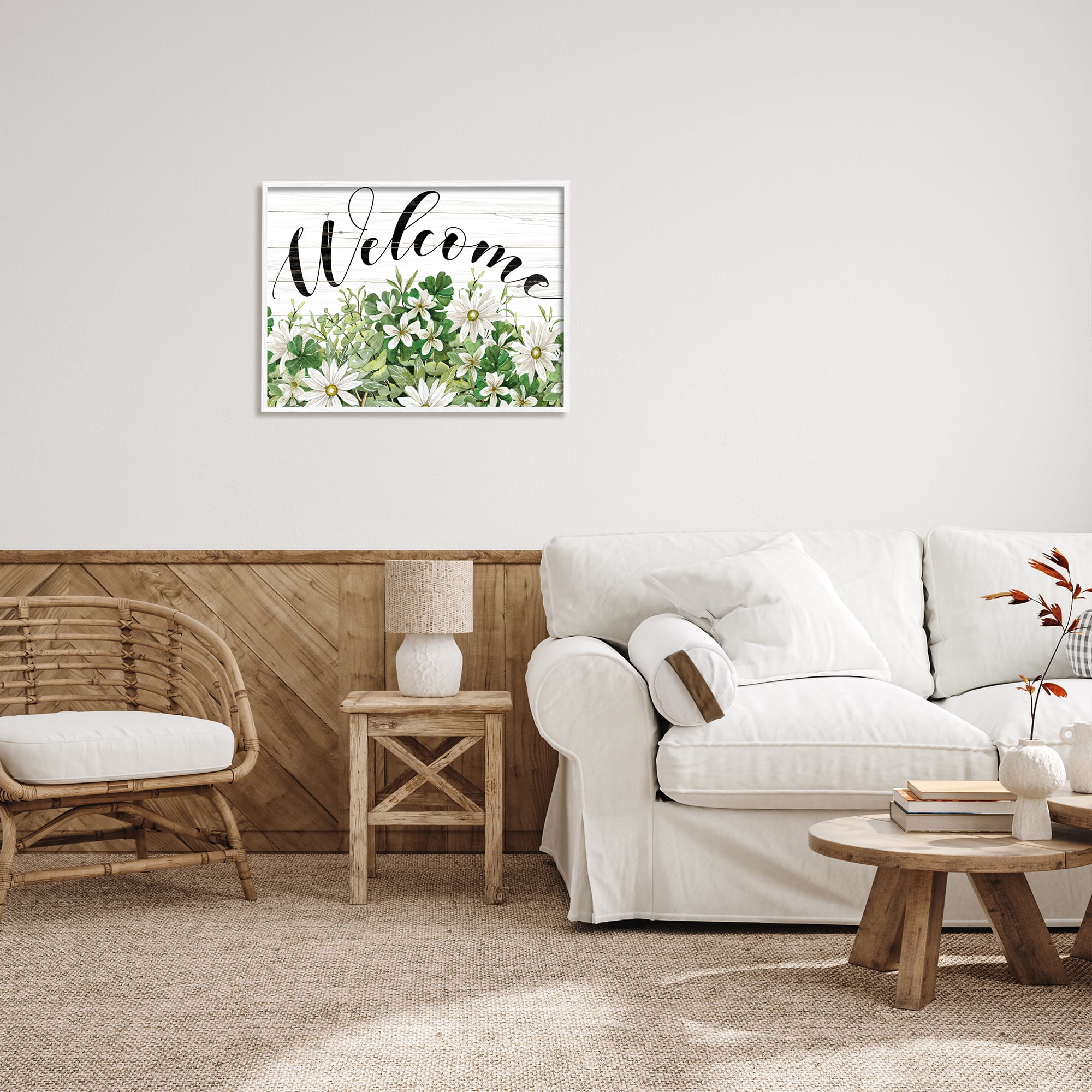 Stupell Industries Welcome Rustic Planked Sign White Flower Blossoms Graphic Art White Framed Art Print Wall Art, Design by Cindy Jacobs