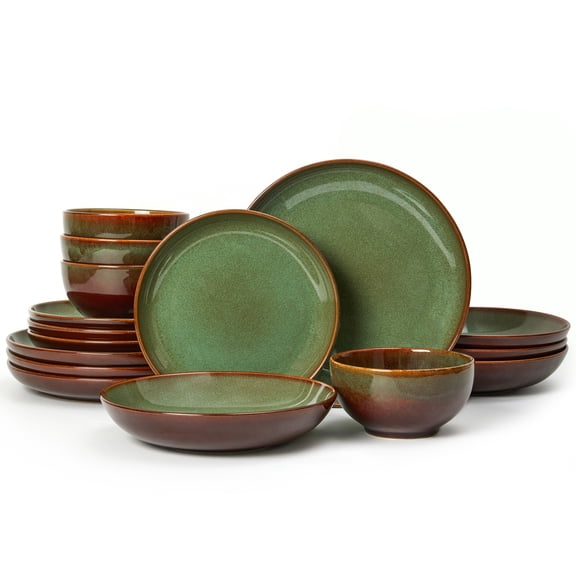 Pokini 16-Piece Stoneware Dinnerware Sets, Plates and Bowls Sets for 4, Dish Sets with Double Bowl,Brown Green