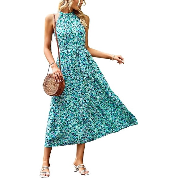 PRETTYGARDEN Women's Summer Floral Maxi Sun Dress Sleeveless Halter Neck Flowy Ruffle Hem Long Boho Dresses with Belt