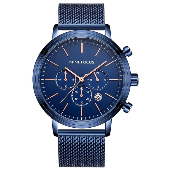 MINIFOCUS Fashion Men's Wrist Watches Luxury Design Quartz Watch Men 32m Waterproof Blue Stainless Steel Mesh Strap Reloj Hombre