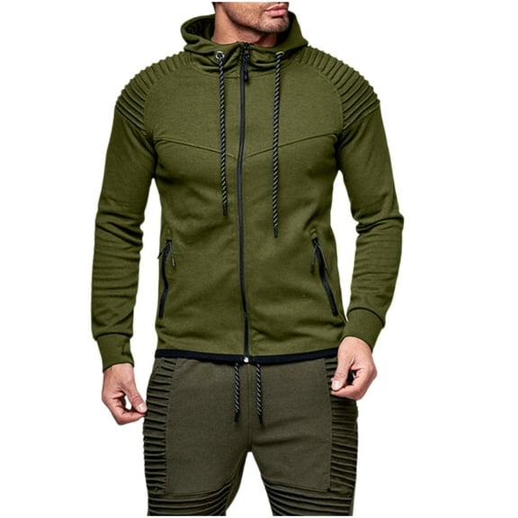 Htigea Fashionable Men's Solid Color Long Seeved Full Zip Hooded Casual Sweatshirt Jacket Fall Savings Army Green,XL