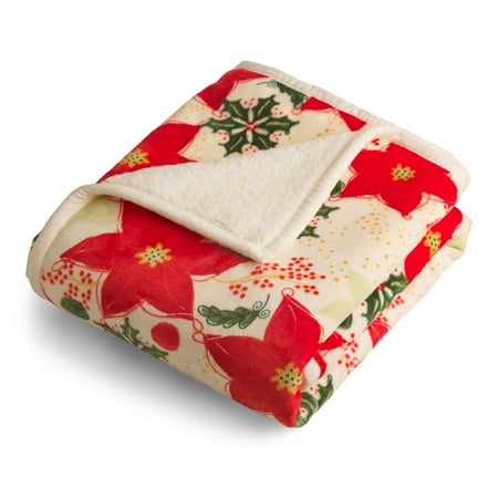 Better Homes & Gardens Velvet Plush to Sherpa Poinsettias Throw Blanket, 1 Each