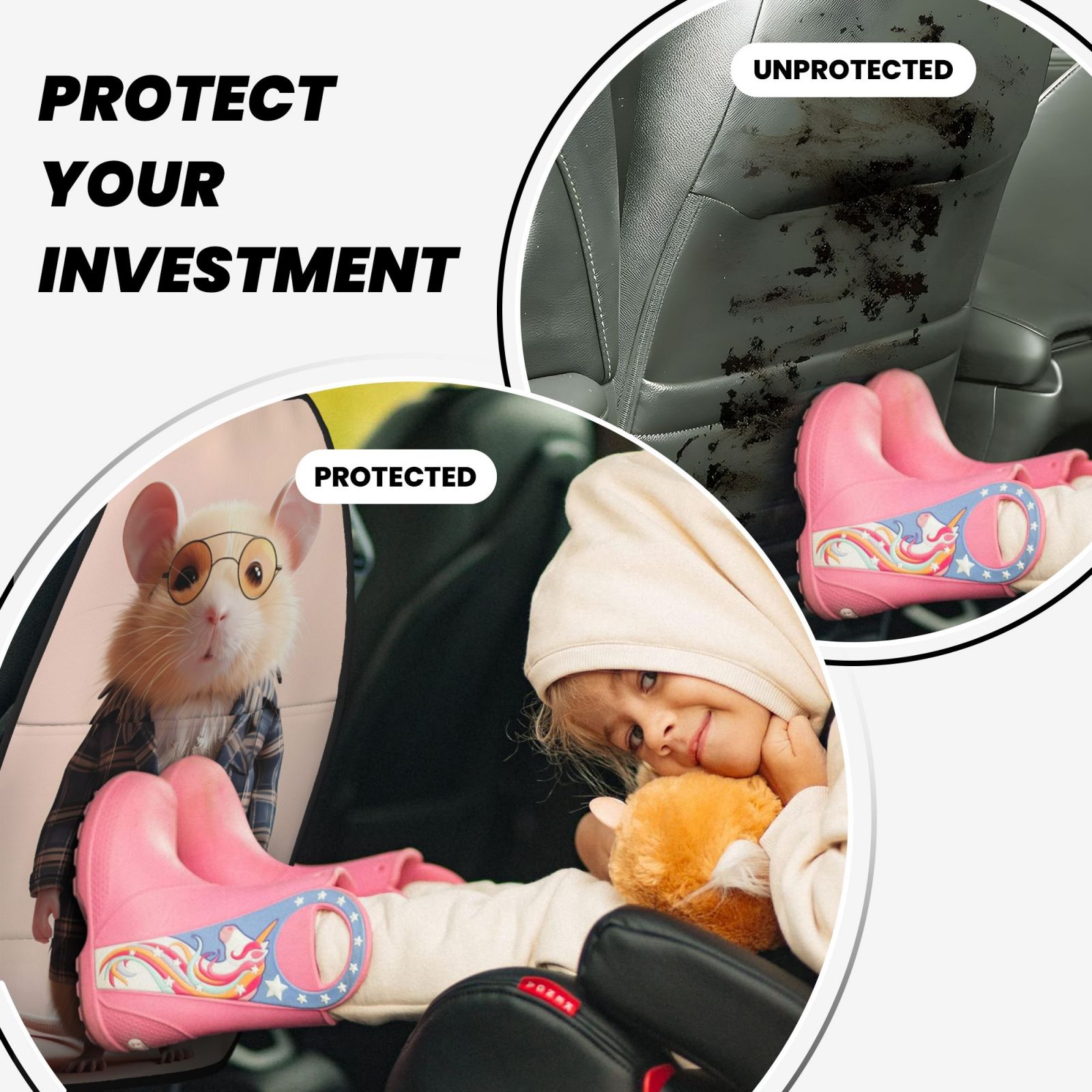 Kdxio Cute Mouse In Glasses Print 2 Pack Car Kick Mat Seat Cover Back Protector Mat with Pockets for Organizer Backseat Protector and Storage Anti Kick Pad for Vehicles